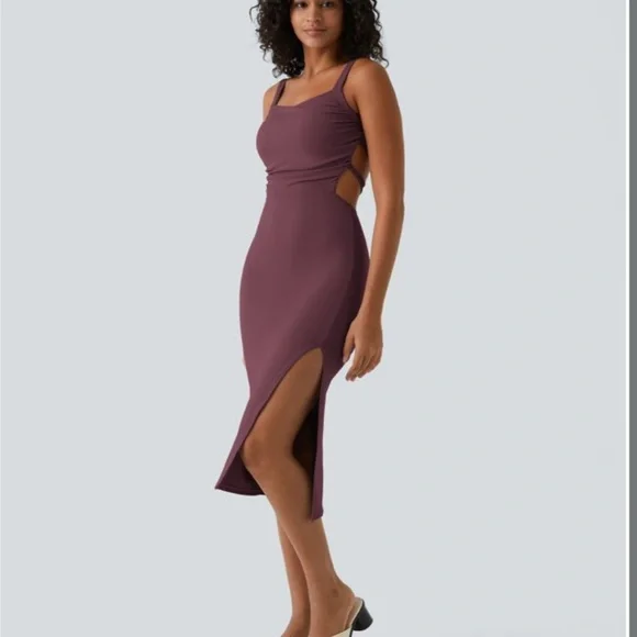 Halara Ruched Backless Crisscross Lace Up Split Bodycon Midi Casual Dress - Picture 3 of 7